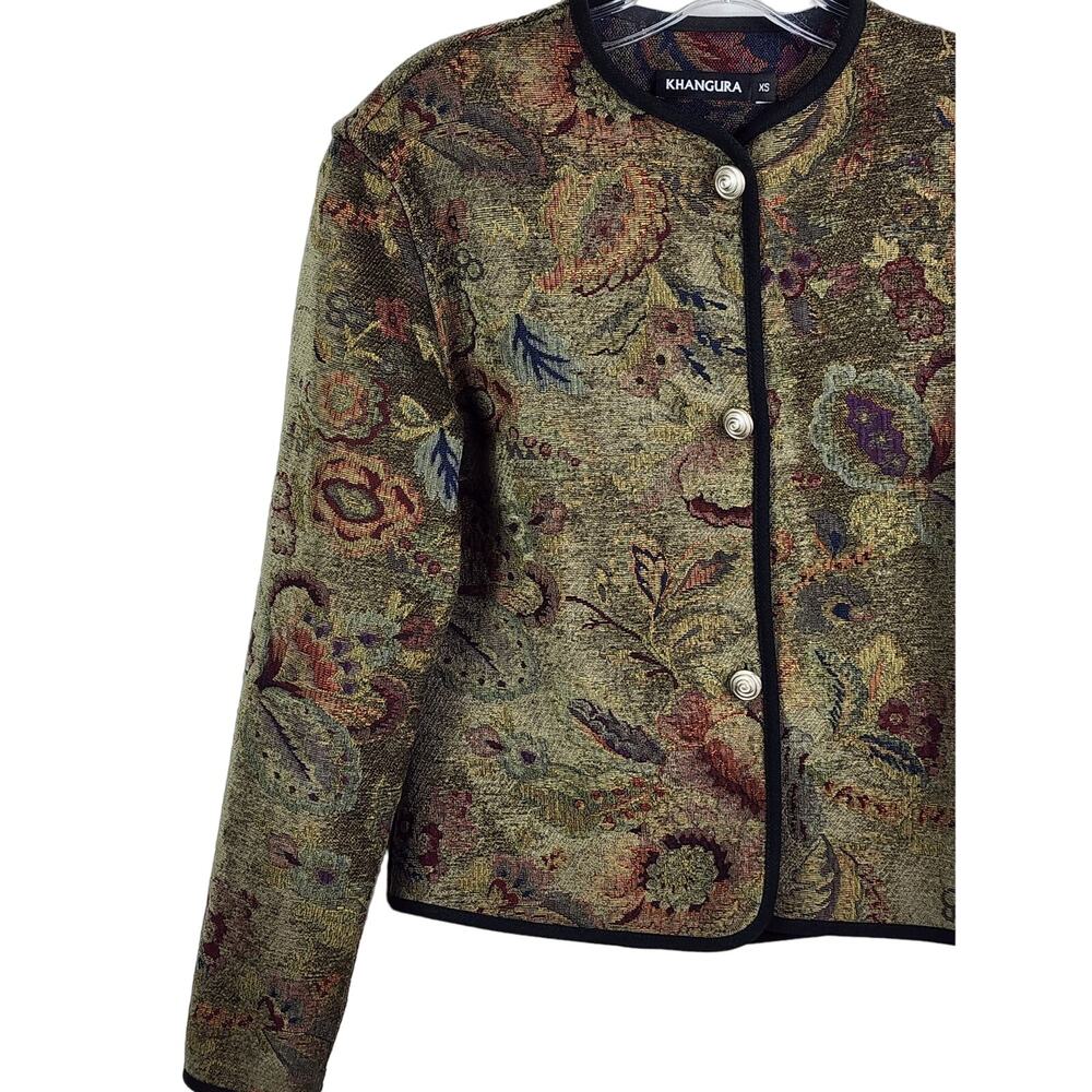 Vintage 90s Khanguru Green Floral Tapestry Classic Blazer Jacket XS made in USA